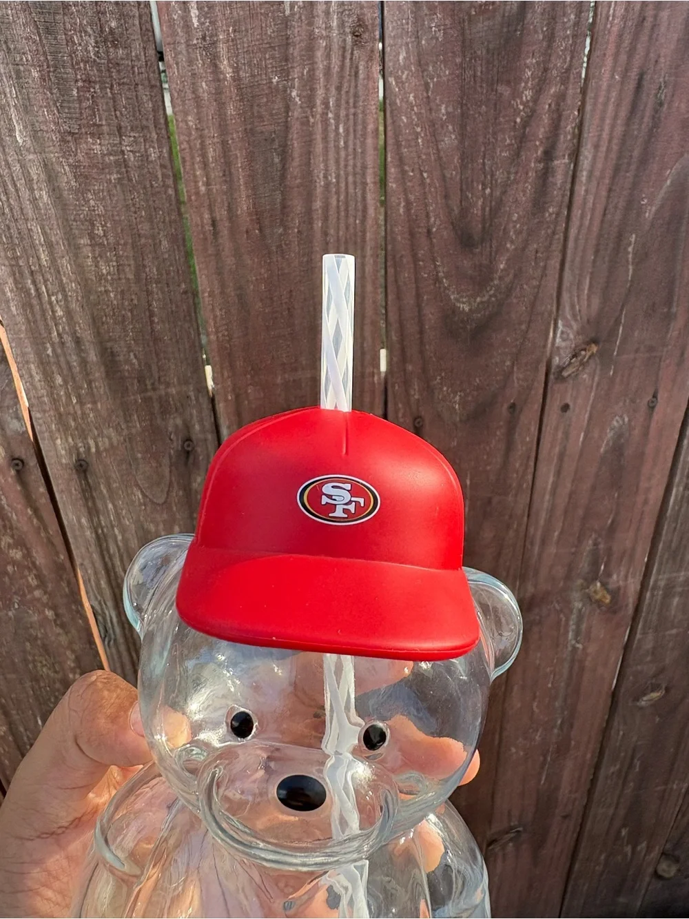 Red 49ers 20 oz Football Bear-shaped Drink Cup with Straw